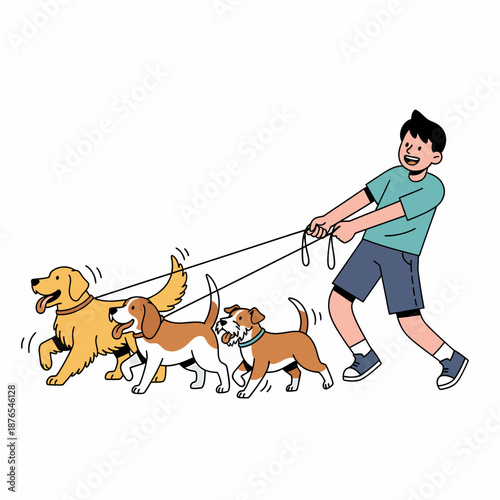 Energetic Boy Manages Three Playful Dogs on a Lively Outdoor Walk