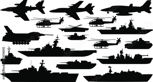 Military vehicle silhouettes collection, fighter jet, helicopter, tank, warship, naval destroyer, armored transport, modern army and navy equipment icons set