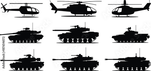 Military helicopter and tank silhouettes set, modern army combat vehicles, armored tanks, attack helicopters, warfare equipment, black isolated vector icons