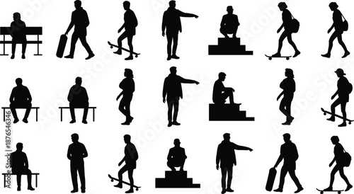 People silhouettes urban activities collection, sitting on bench, walking, skateboarding, pointing gestures, casual lifestyle moments, black isolated human vector illustration set
