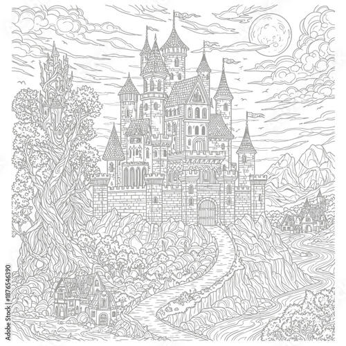 Intricate castle illustration with mountains and trees