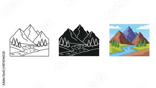 Set of mountain landscape illustrations outline, silhouette and color vector graphics of mountains with river and trees