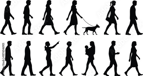 People walking silhouettes collection, men women and child with dog, daily life activities, social interaction poses, black isolated human vector illustration set
