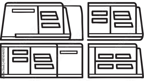 Line drawings of office furniture arranged in a grid layout on a white background viewed from directly above