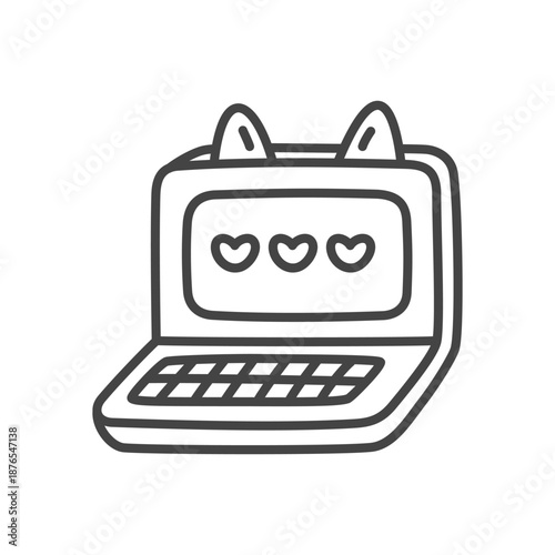Cute laptop icon. Monochrome doodle illustration of a funny notebook decorated with cat ears. Kawaii sticker. Vector 10 EPS.