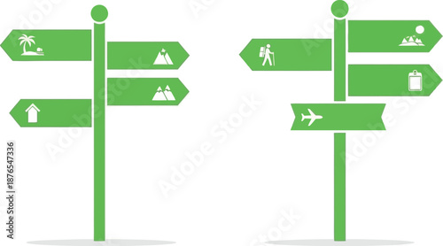 Green directional signs with various icons on transparent background silhouette