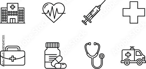 Medical icons including hospital heart syringe cross first aid kit pills stethoscope ambulance on transparent background silhouette