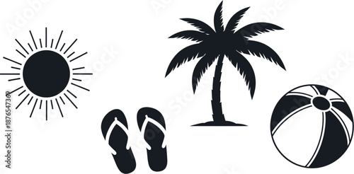 Beach icons including sun palm tree flip flops and beach ball silhouette on transparent background