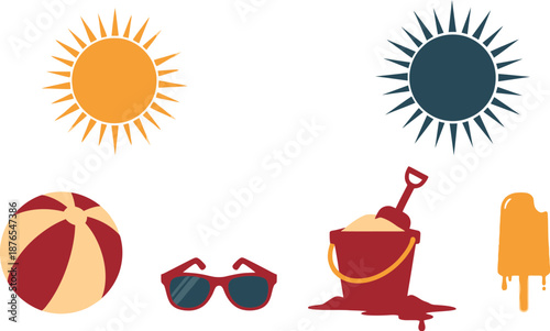 Beach summer icons including sun beach ball sunglasses bucket and popsicle on transparent background silhouette