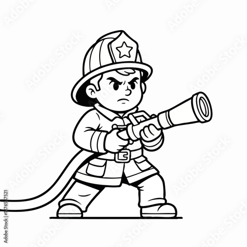 Determined cartoon firefighter holding water hose nozzle outline