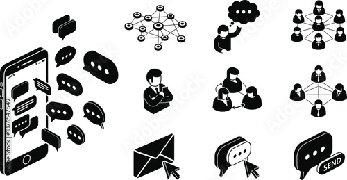 Black and white communication icons set with silhouette on transparent background