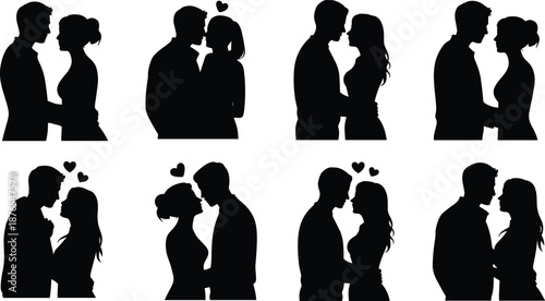 Romantic couple silhouettes set, loving man and woman hugging, kissing and facing each other, valentine love moments, relationship romance, black vector collection