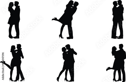 Romantic couple silhouettes collection, kissing and hugging lovers poses, passionate love moments, relationship intimacy concept, black isolated human vector illustration set