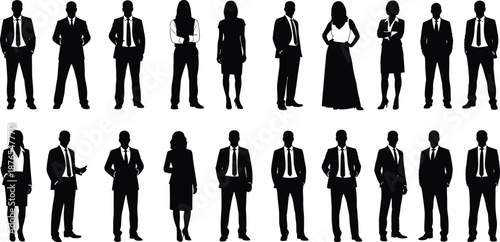 Black vector silhouettes of business people standing in suits men and women isolated on white background for corporate design use