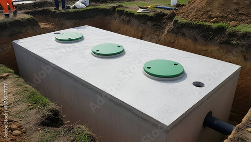 Large concrete septic tank being installed underground with green access lids and a drainage pipe.