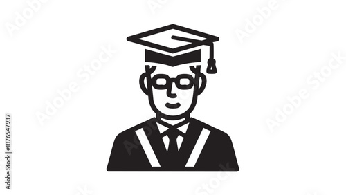 A graduate wearing a graduation cap and gown is depicted in a simple illustration.