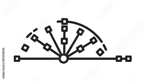 A minimalist graphic representation of a mechanical device with radial arms and square components