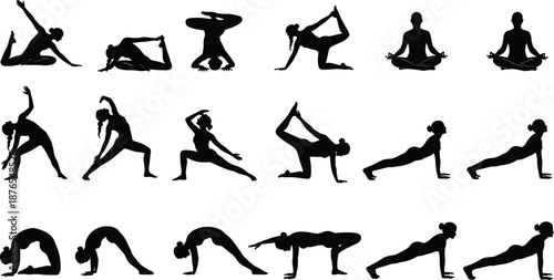 Vector collection of yoga silhouettes women doing various poses exercises and meditation isolated on white background for health and fitness