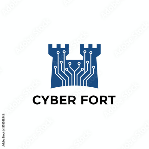 Castle fortress with digital circuit patterns for network security or cyber data defense named CYBER FORT text