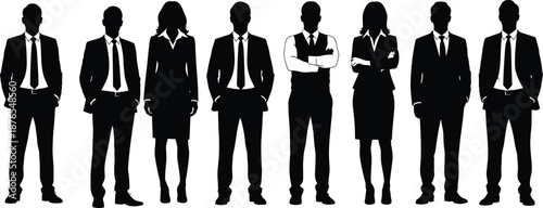Vector set of business people silhouettes, men and women in suits standing, isolated on white background for corporate team design