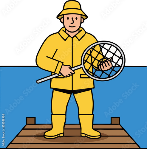 Professional Fisherman Holding Net Standing on Wooden Dock