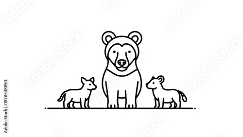 Simple Line Art Illustration of a Bear Family with Two Cubs