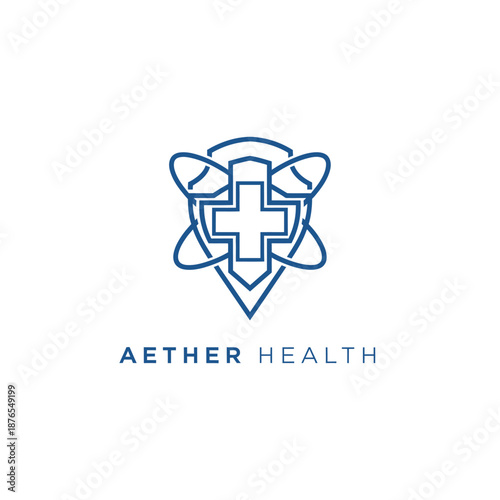 Aether Health Logo with Medical Cross and Abstract Design.