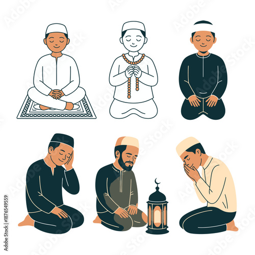 Harmony in Prayer: A serene illustration portraying diverse individuals engrossed in prayer, showcasing the essence of spiritual devotion and unity in a tranquil setting.