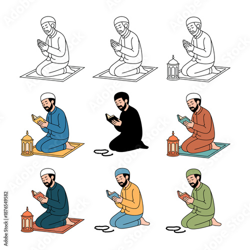 Prayer in Harmony: A collection of illustrations depicts a figure engaged in prayer, offering a serene portrayal of devotion and spiritual reflection. 