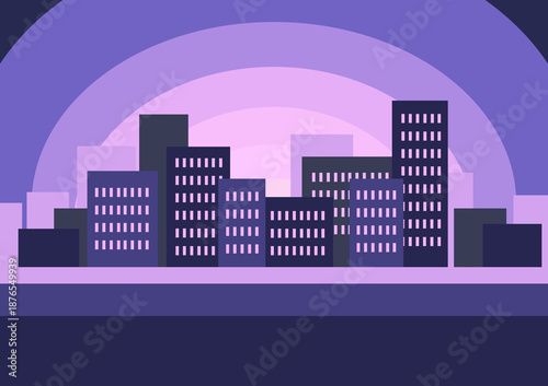 Vector illustration of night lights and purple skyscrapers