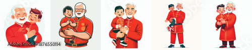 Vector of a grandfather holding his grandson. Chinese New Year. Vector, minimalist, illustration, icon set.