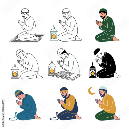Muslim Prayer Moments: A collection of illustrations depicting Muslim individuals engaged in prayer, each scene portraying moments of devotion and connection with faith.