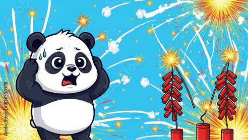Cute panda covering ears from loud firecrackers