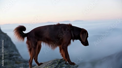 Majestic irish red setter stands proudly in misty golden hour field