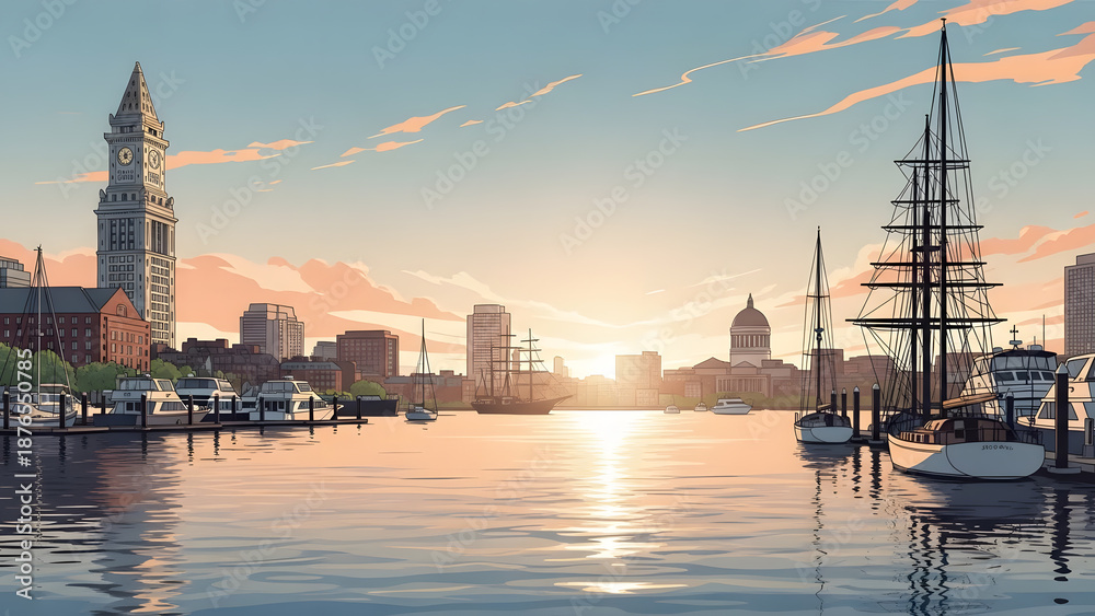 Naklejka premium A stylized landscape of the Boston Harbor waterfront featuring ships and the Custom House Tower at sunset