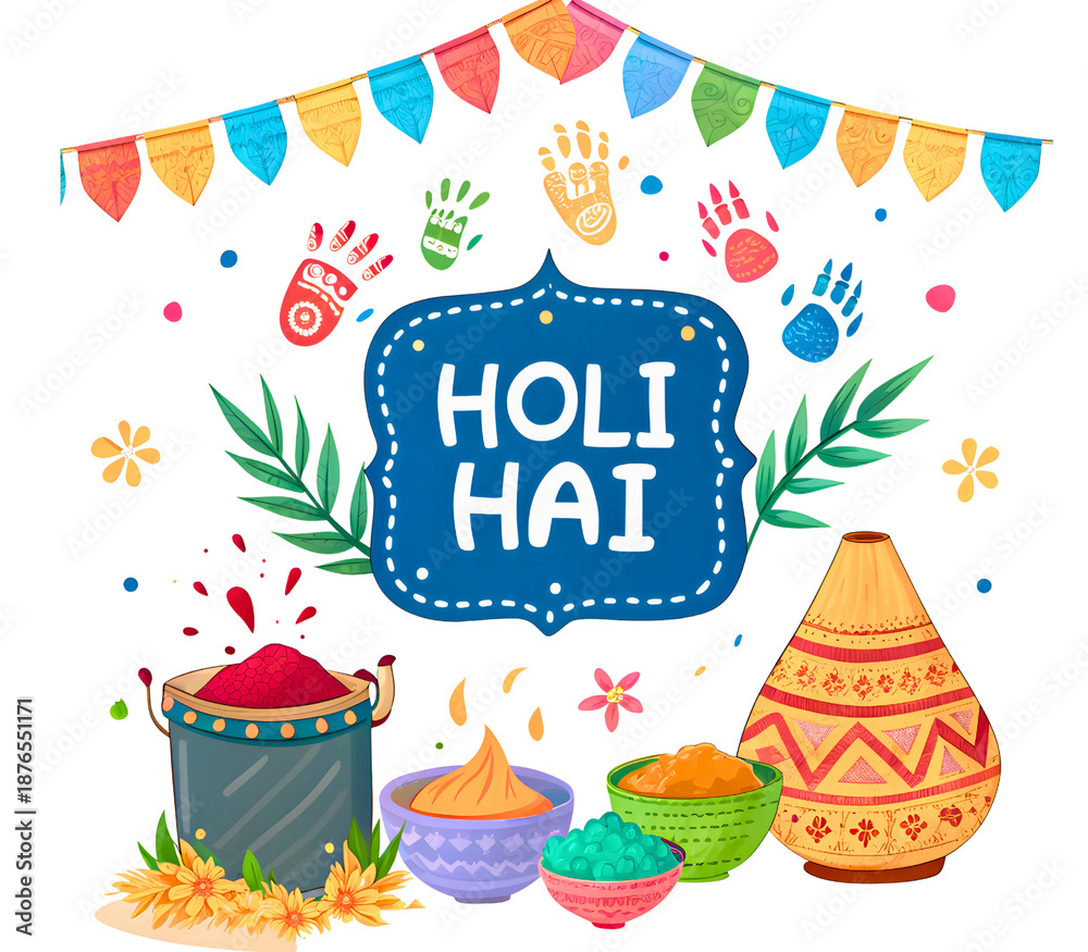 Fototapeta premium holi hai festival celebration with colorful powder and decorations