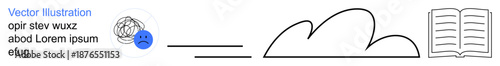 Emotional expression, mental health, education, learning, cloud storage, creativity. A sad face with a scribble, cloud symbol and an open book. Emotional expression and education concept
