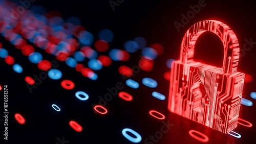 Glowing red digital padlock with circuit board design on a black background with red and blue lights