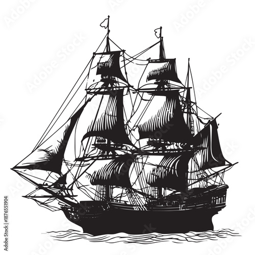 Detailed black ink illustration of a multi-masted sailing ship.
