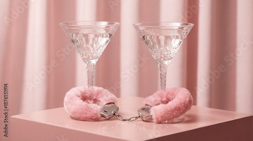 Two martini glasses with pink furry handcuffs around the stems on a pink stage, playful romantic concept