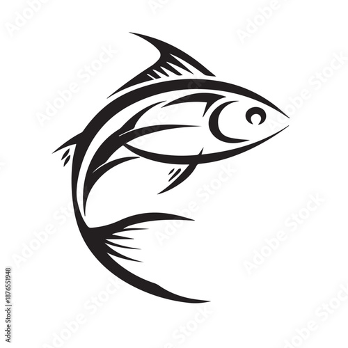 Stylized black and white silhouette of a jumping tuna fish.