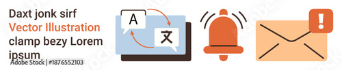Communication, language services, translation, notifications, email alerts, digital messaging. Language translation symbols with bell and email icons. Communication and language services concept