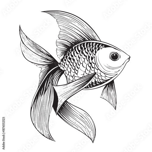 A graceful monochrome goldfish with flowing fins and detailed scales.