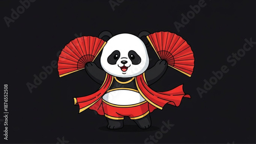 Cute panda performing traditional red fan dance