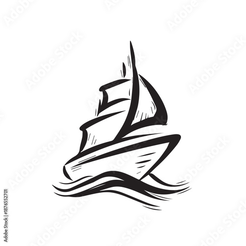 A black and white line drawing of a sailboat on the water.