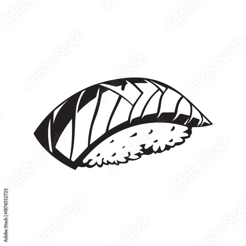 Minimalist black and white line drawing of a single piece of sushi.