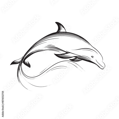 A minimalist black and white line drawing of a jumping dolphin.