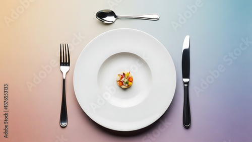 Minimalist top view of small gourmet fruit portion on white plate with elegant silver cutlery. Conceptual image for fine dining, healthy dieting, or small serving portion sizes for weight loss.