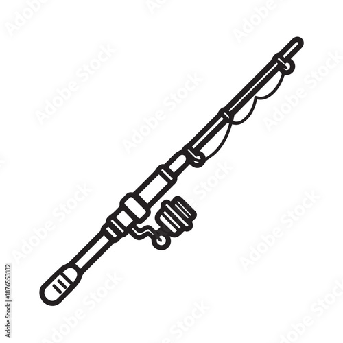 Simple black and white line icon of a spinning fishing rod.