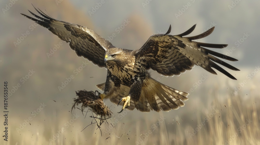 Fototapeta premium A bird of prey in flight with its prey in its talons is captured against a backdrop of blurred fields — a dramatic natural setting for documentary projects about wildlife.